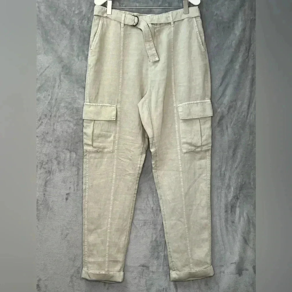 Nicole Miller Natural Tan Beige Linen Cargo Pants Belted‎ M Coastal Grandma Core